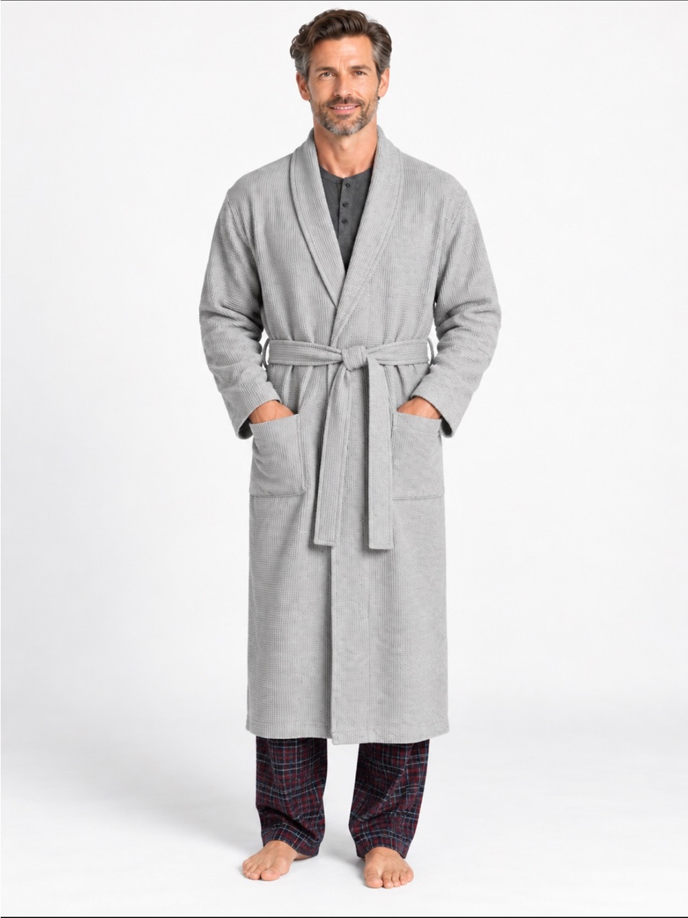 LandsEnd Men’s Waffle Robe Calf Length 97% Cotton Gray Shawl Collar